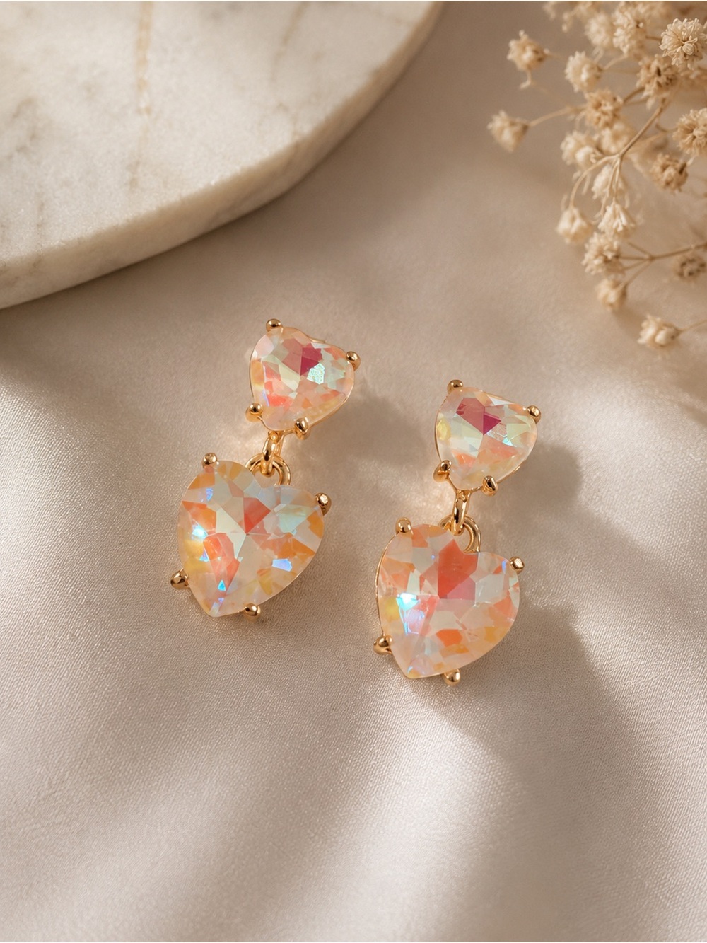 White Iridescent Heart Drop Earrings - Gold